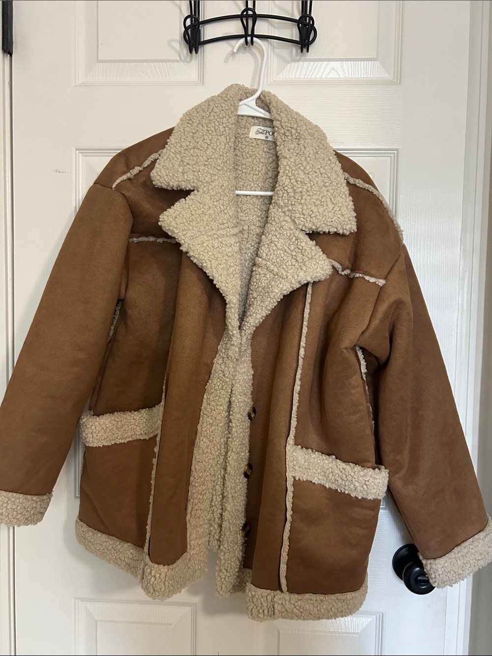 Classic Tan Shearling-Trim Women's Pea Coat